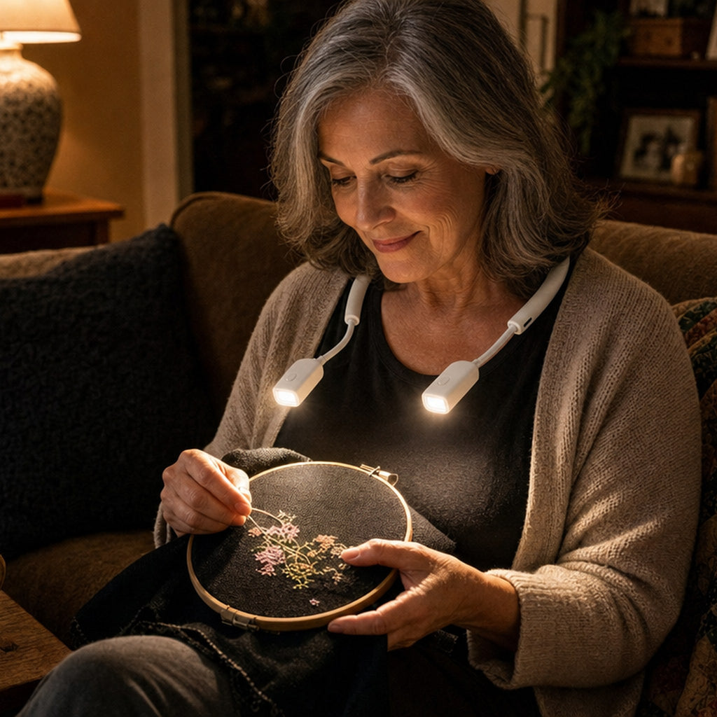 Evening cross-stitch on the sofa - GlimGlow lighting dark fabric while the room stays dim