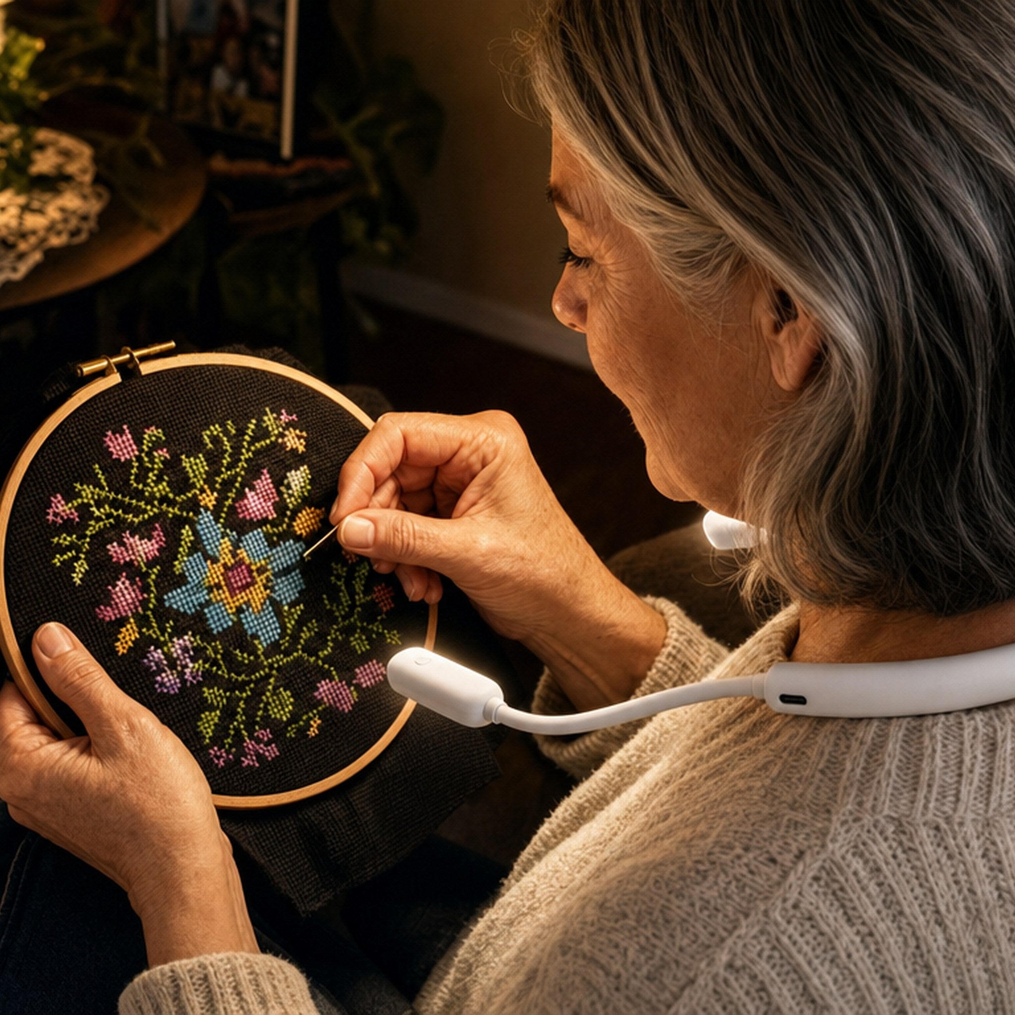 Over-the-shoulder view of crisp cross-stitches on black Aida inside the GlimGlow light pool