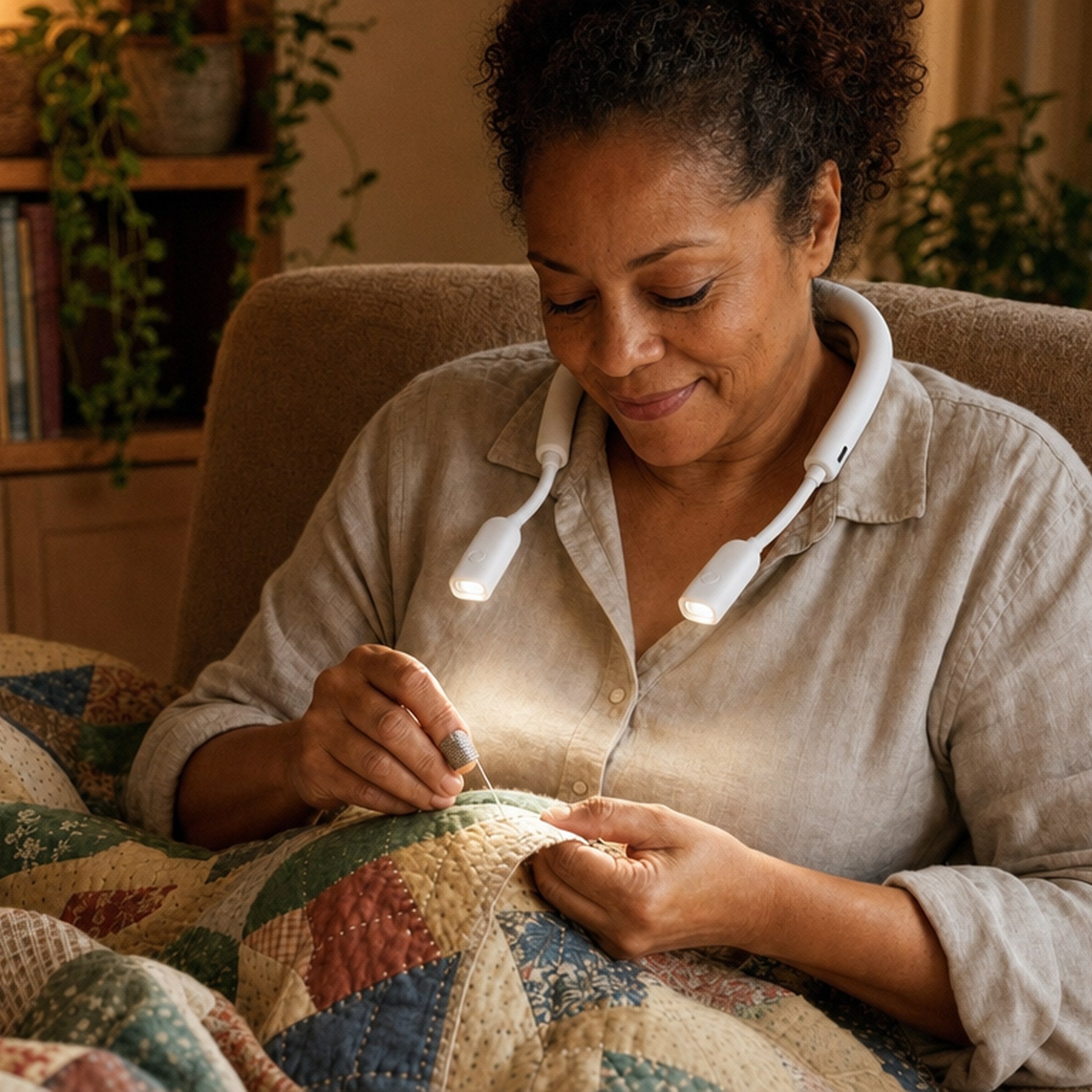 Hand quilting a patchwork quilt with the GlimGlow arms spread wide to light the seam