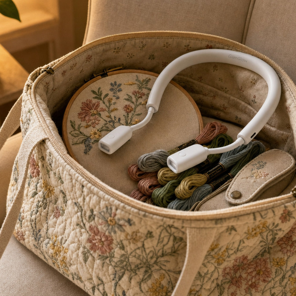 GlimGlow Stitch Light tucked into a project bag with a hoop and floss