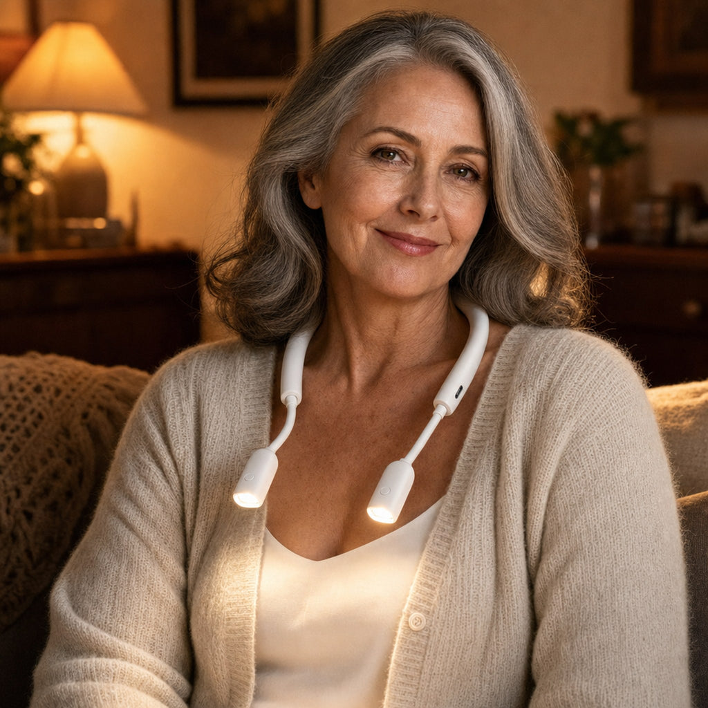 The GlimGlow Stitch Light worn around the neck, both lamps lighting the lap hands-free