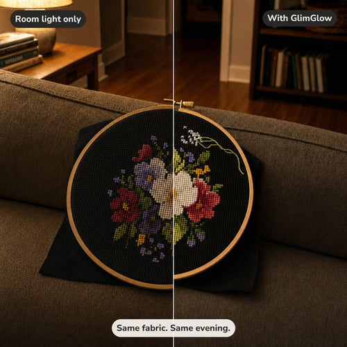 Side-by-side: the same black Aida hoop in room light only, then lit by GlimGlow