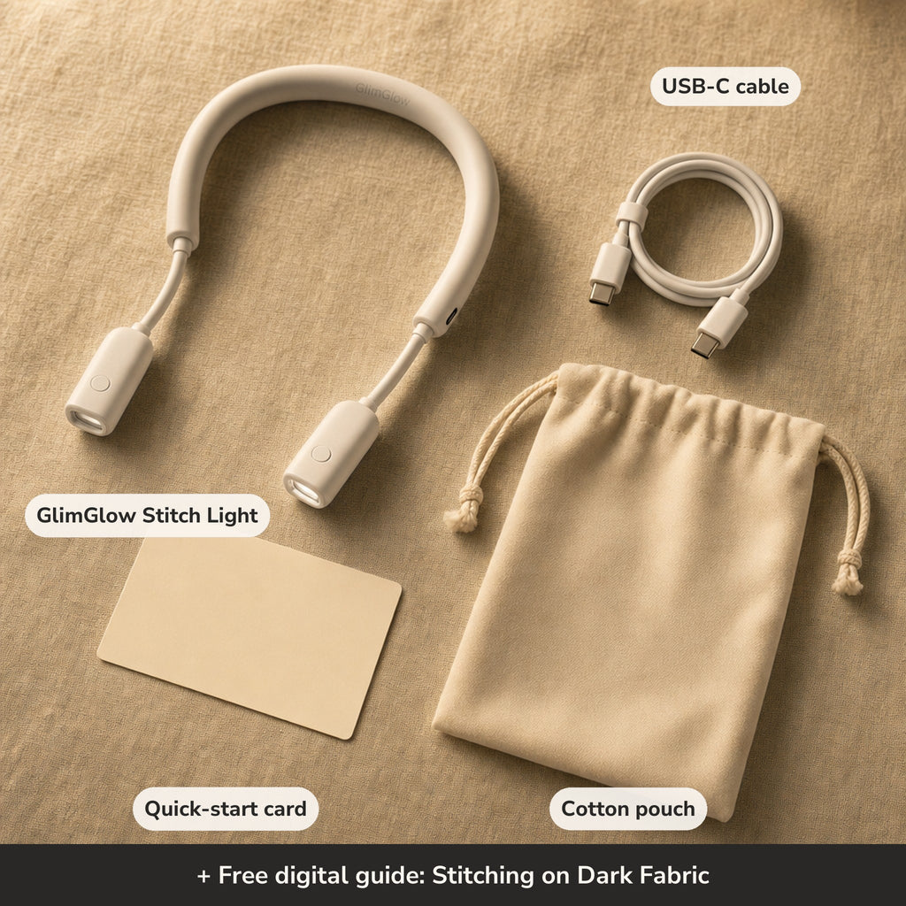 What's in the box - GlimGlow Stitch Light, USB-C cable, quick-start card, cotton pouch, free digital guide