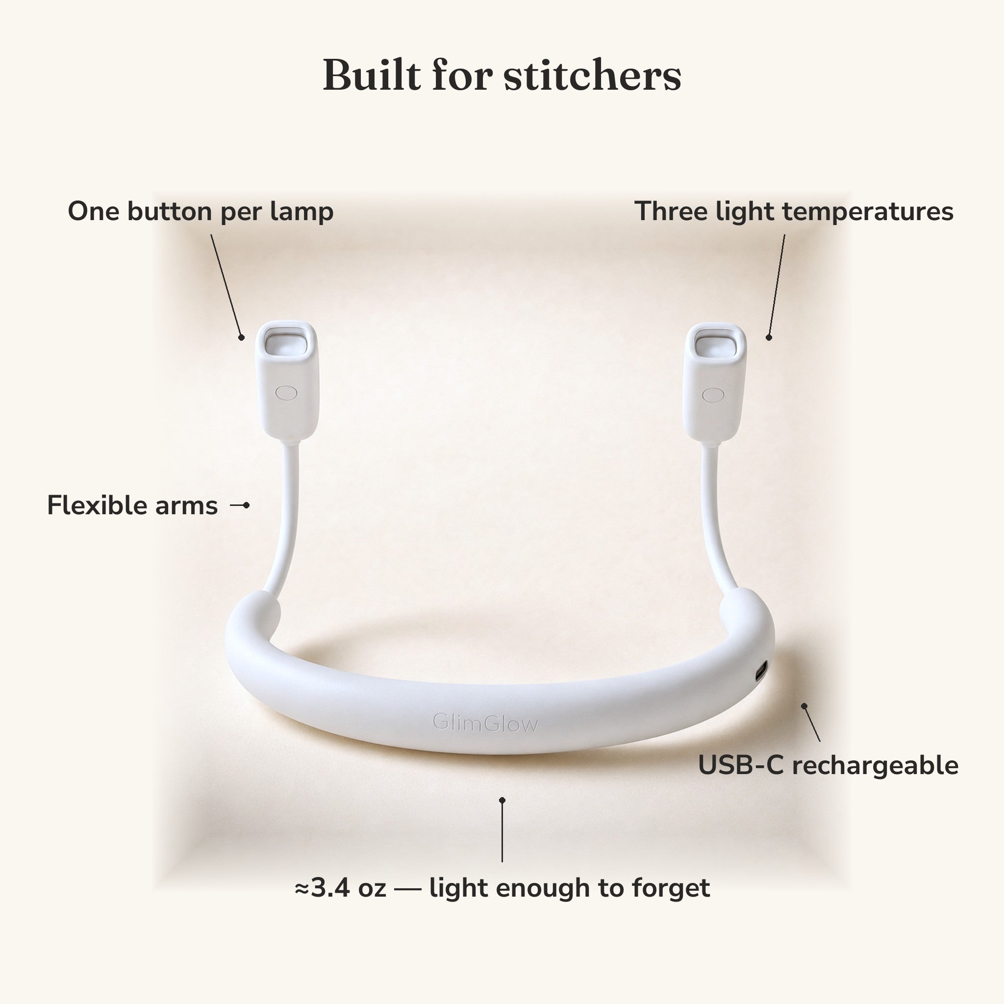 GlimGlow feature callouts - one button per lamp, three temperatures, flexible arms, USB-C, 3.4 oz