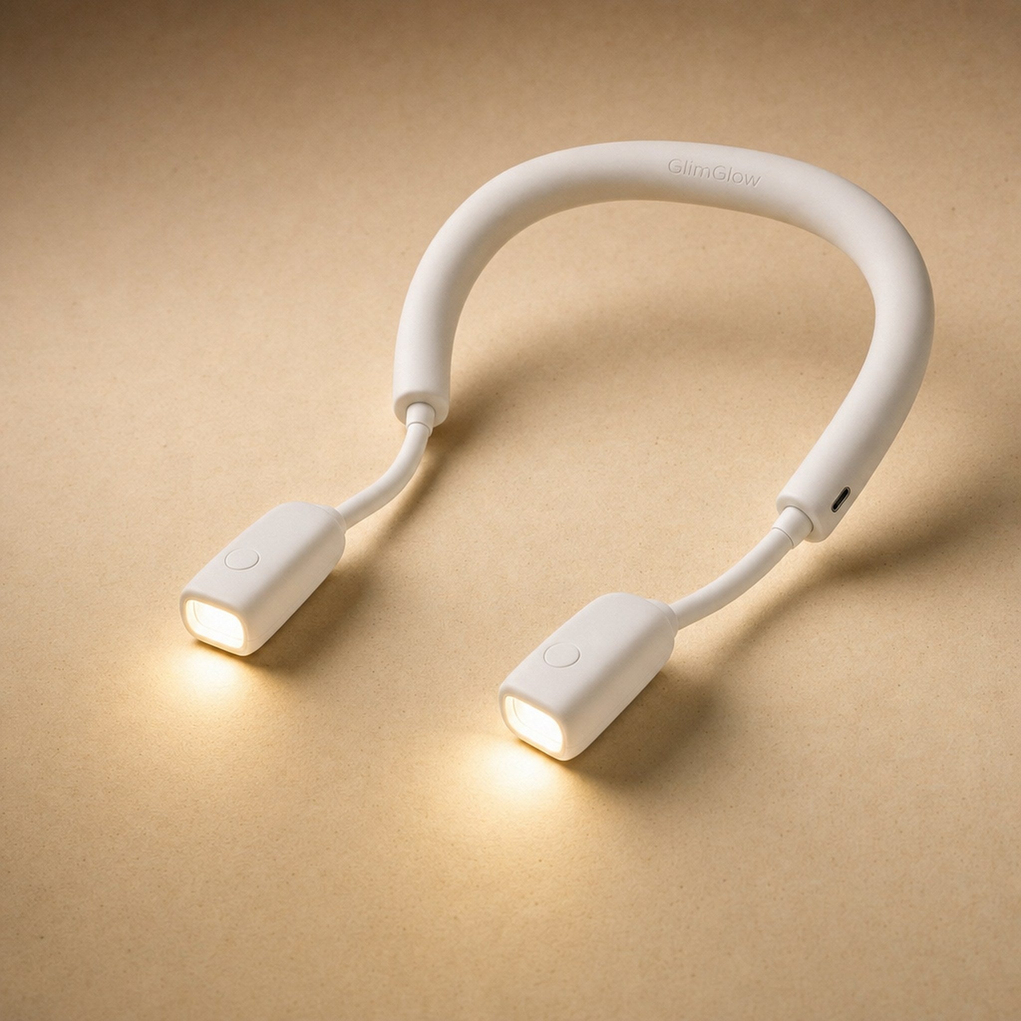 GlimGlow Stitch Light with both lamp heads switched on, casting two pools of warm light