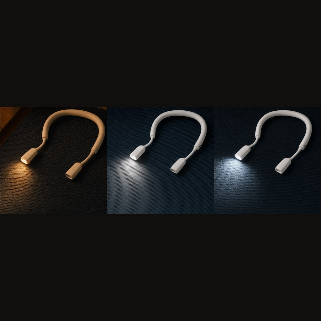 GlimGlow's three light temperatures - warm, neutral, and daylight - on dark fabric
