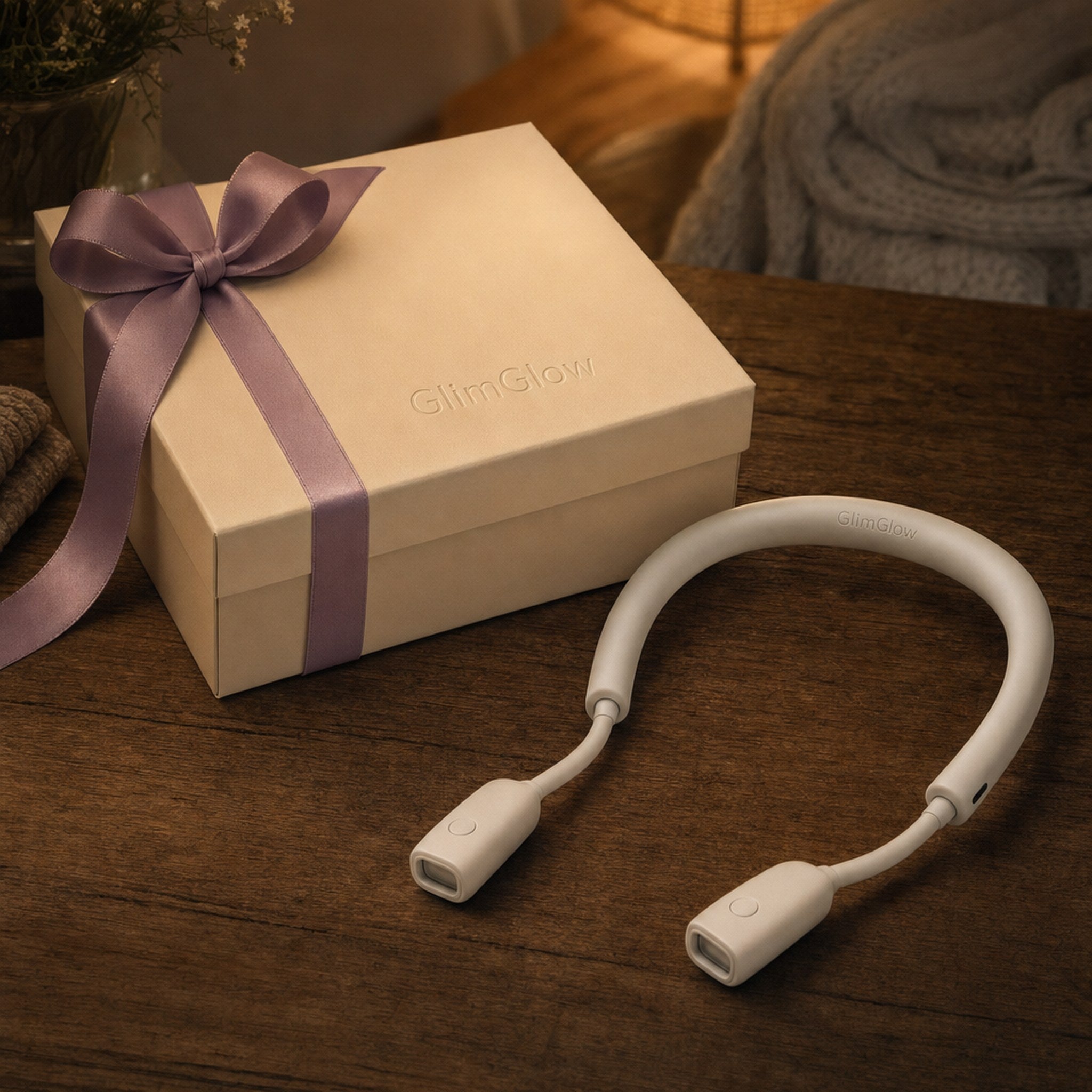 Two GlimGlow Stitch Lights in gift-ready cream boxes with lavender ribbon